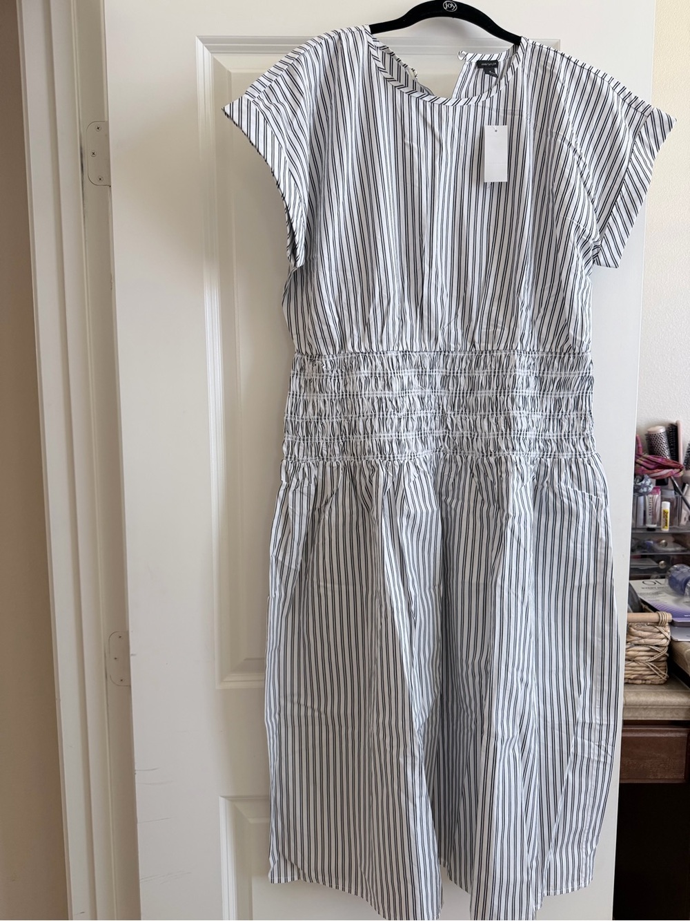 Ann Taylor Navy & White Striped Smocked Midi Dress